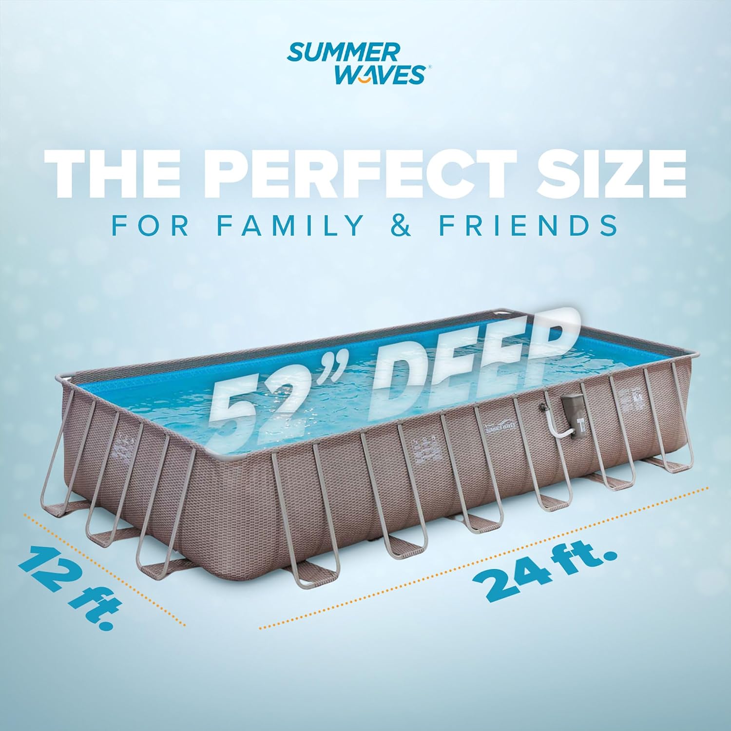 Summer Waves Elite 24' x 12' x 52' Outdoor Rectangular Frame Above Ground Swimming Pool Set with Filter Pump, Cover, Ladder and Ground Cloth, Brown