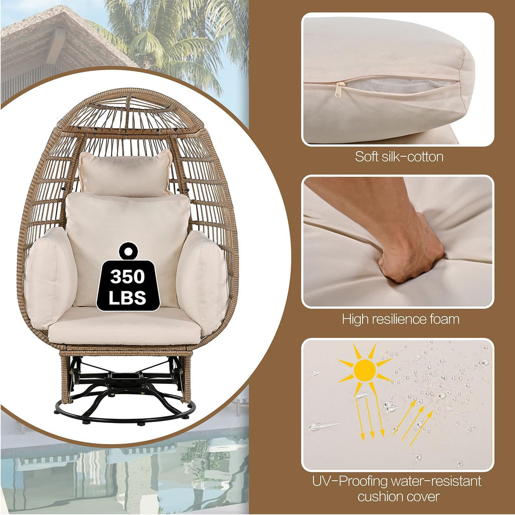 Outdoor Swivel Chair with Cushions, Rattan Egg Patio Chair with Rocking Function for Balcony, Poolside and Garden