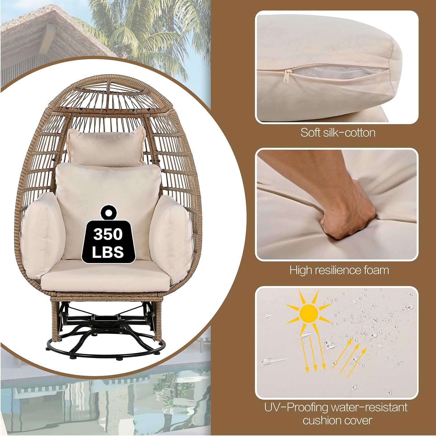 Outdoor Swivel Chair with Cushions, Rattan Egg Patio Chair with Rocking Function for Balcony, Poolside and Garden