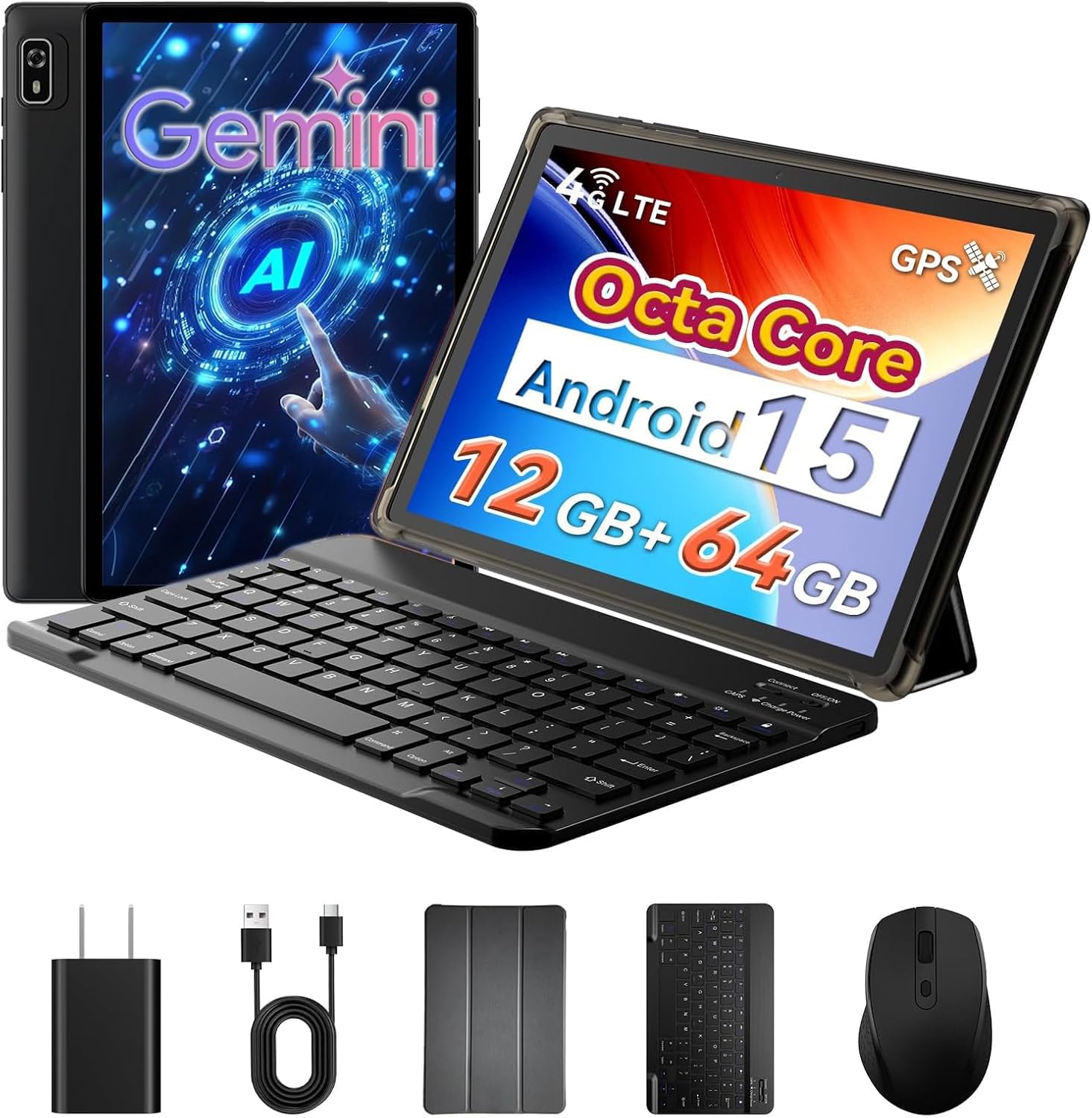 10 inch 2-in-1 Android 15 Tablet with Keyboard, Mouse, and Case, 4G LTE Cellular, 12GB RAM + 64GB ROM (2TB Expandable), MediaTek Octa-Core 2.0GHz, Gemini AI, IPS Display, 5G Wi-Fi, GPS, Bluetooth