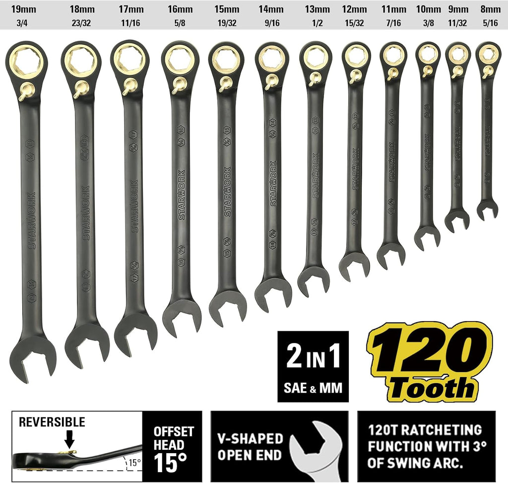 STARWORK TRUE MECHANIC™ 305-Piece Mechanics Tool Set with 120-Tooth Reversible Ratcheting Wrench Set, 1/4', 3/8', 1/2' Drive, Professional Metric Set