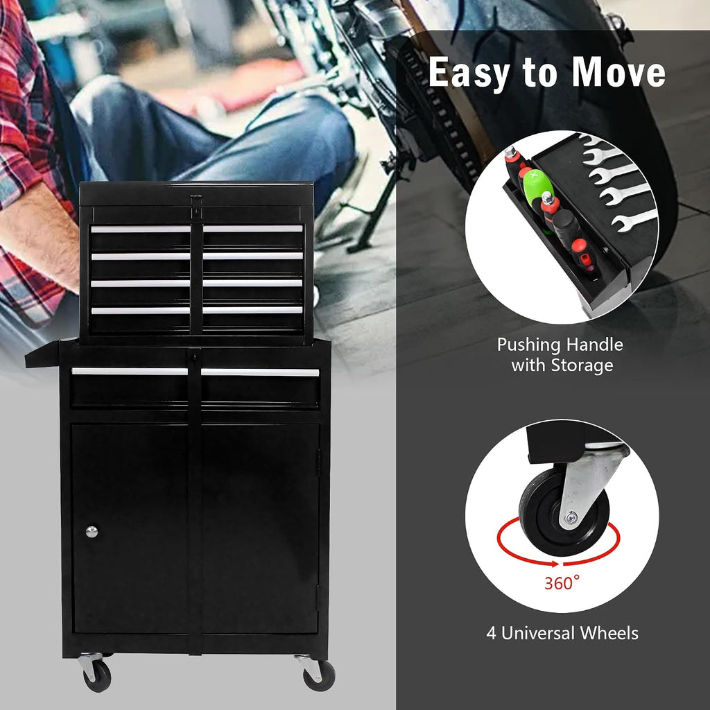 5-Drawer Tool Chest, Rolling Tool Box with Detachable Top Toolbox & Universal Wheels, Tool Cabinet with Lock Bar, Protective Liner & Tool Rack, Metal Storage Cart for Garage,Workshop (Black)