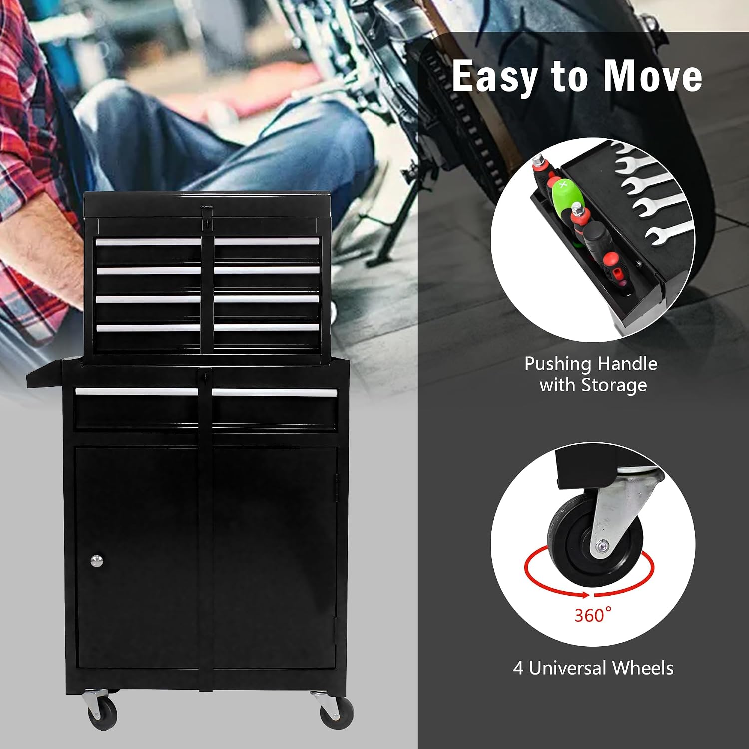 5-Drawer Tool Chest, Rolling Tool Box with Detachable Top Toolbox & Universal Wheels, Tool Cabinet with Lock Bar, Protective Liner & Tool Rack, Metal Storage Cart for Garage,Workshop (Black)