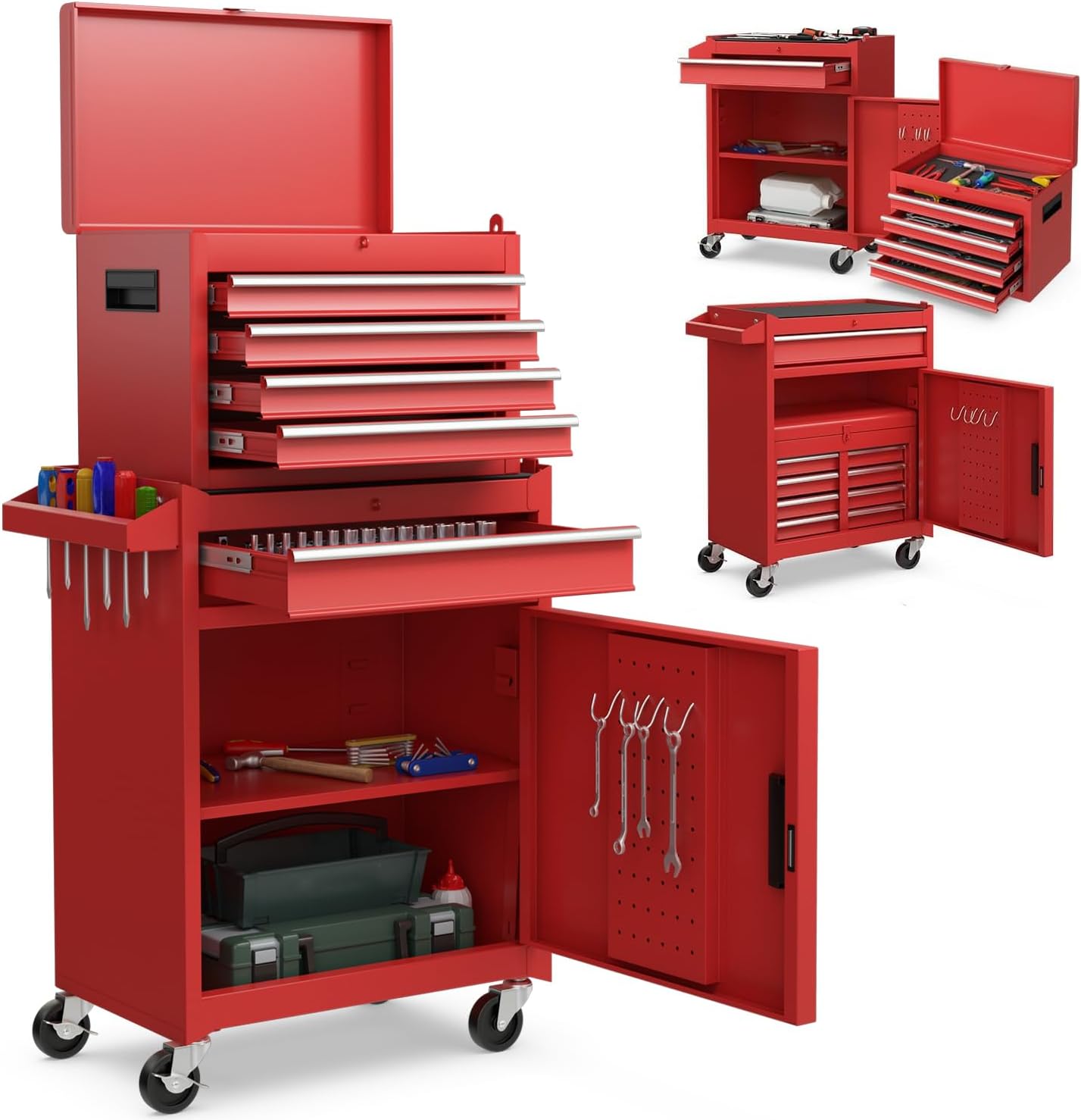 Goplus Tool Chest, 5 Drawers Rolling Tool Cabinet with Detachable Top Toolbox, Universal Lockable Wheels, Lock Bar, Protective Liner & Tool Rack, Metal Tool Storage Cart, Tool Box for Garage Workshop