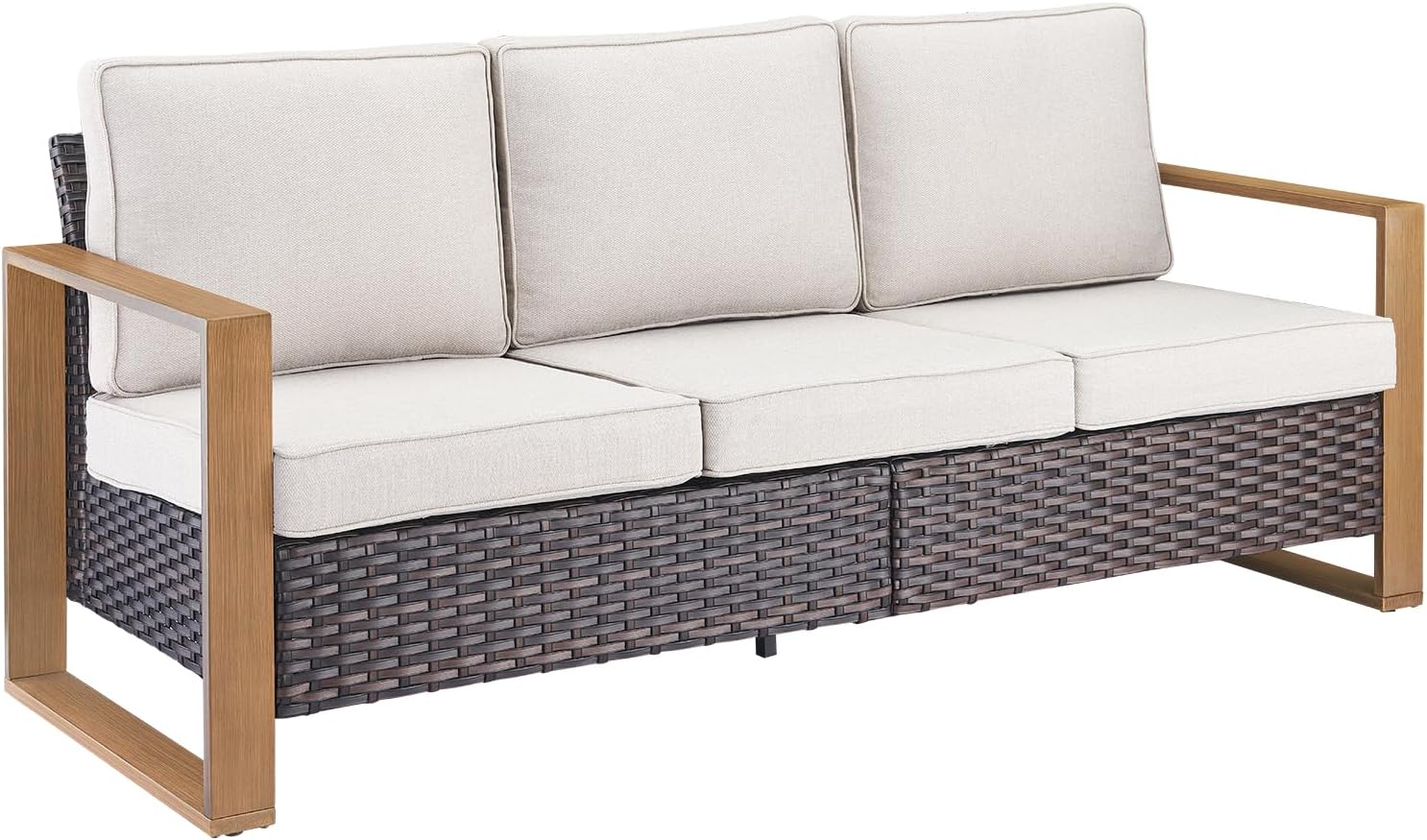 Rilyson Outdoor Couch Wicker Patio Sofa, Rattan Patio Furniture Sofa with Sturdy Frame,All-Weather PE Wicker,Wide Armrest,Deep Seating and Thick Cushions for Deck Porch Garden(Brown/Beige)