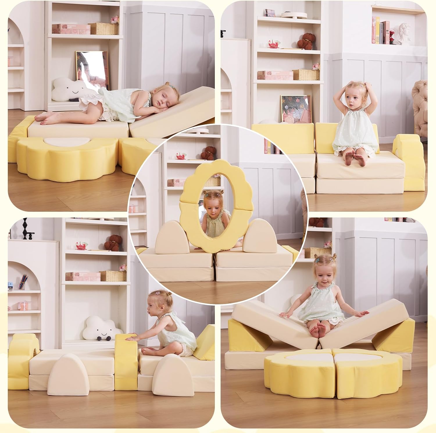 LOAOL Kids Couch 10PCS, Modular Kids Play Couch, Multifunctional Foam Toddler Sofa, Imaginative Convertible Play Sofa for Playroom(Medium Size, Yellow+Beige)
