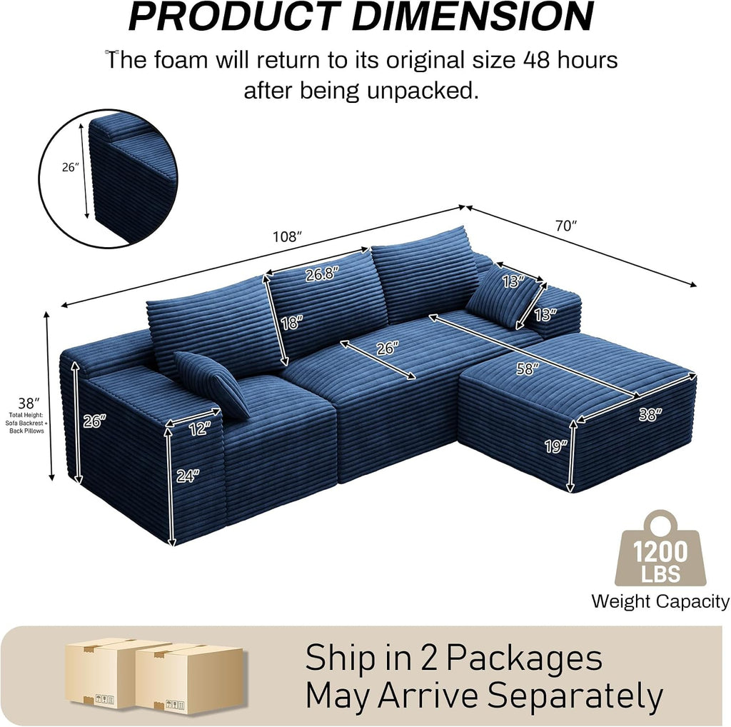 108' Oversized L-Shaped Sectional Couches for Living Room, Comfy Fluffy Corduroy Blue Boneless Cloud Couch with Ottoman, Plush Memory Foam Modular Sectional Sofa for Small Spaces