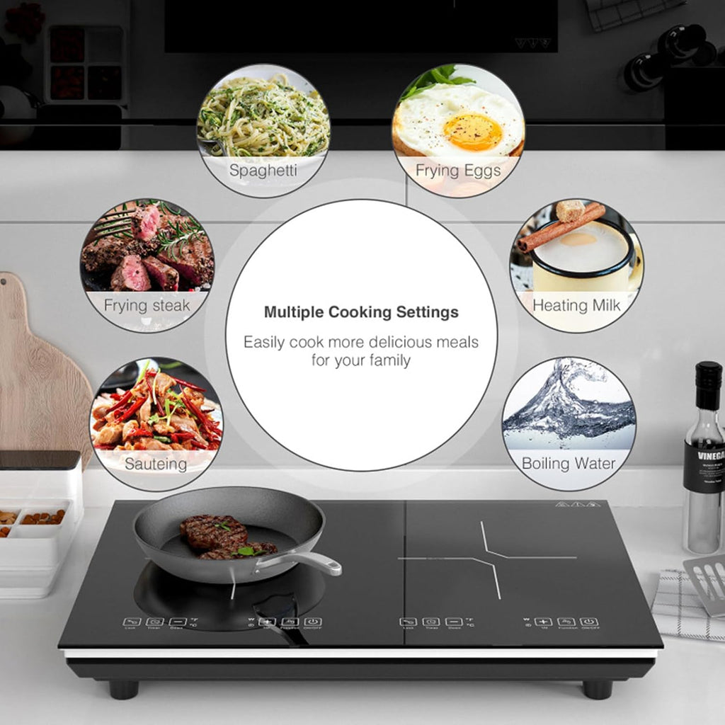 Dual Induction Cooktop, LED Sensor Touch Energy Saving Portable Induction Cooktop with Child Safety Lock and Timer 2 Burner Induction Cooktop