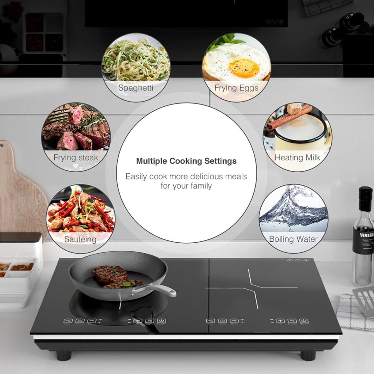 Dual Induction Cooktop, LED Sensor Touch Energy Saving Portable Induction Cooktop with Child Safety Lock and Timer 2 Burner Induction Cooktop