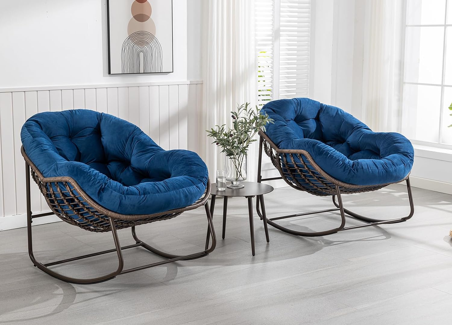 Patio Outdoor Rocking Chair Set of 2, Indoor Rattan Rocker Egg Chair, Comfy Oversized Papasan Chair with Thicker Cushion for Patio, Front Porch, Backyard, Garden, Balcony, Lounge, Living Room, Navy