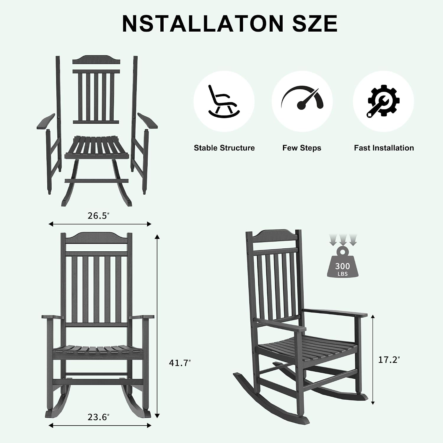 PatioZen Outdoor Rocking Chair Porch Rocker All Weather Resistant Porch Rocker for Lawn Garden High Back Armrest (2,Black)