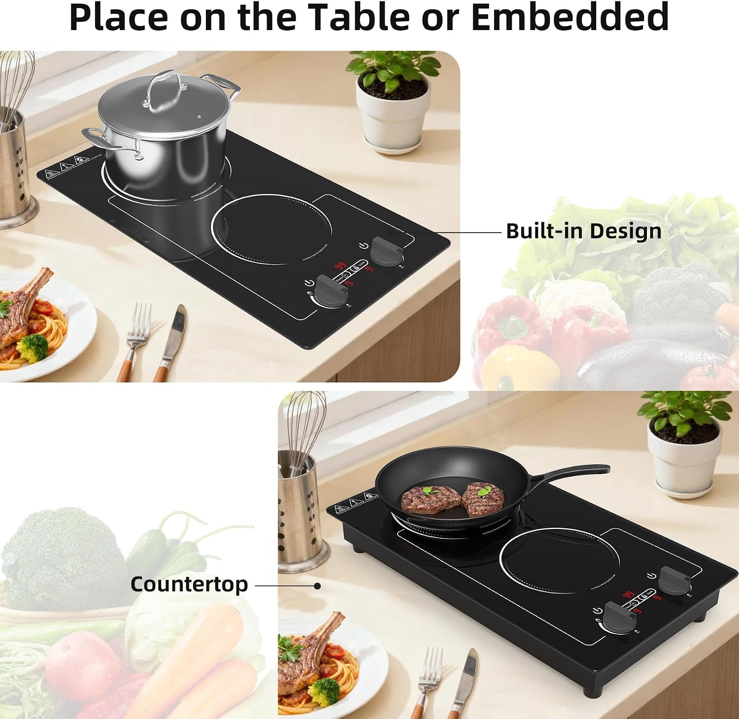 VBGK 2 burner Induction cooktop,110V 2300W double burner hot plate with LED Touch Screen, 9 Power Levels, Kids Lock & Timer, Overheat Protection, knob and touch control Double Induction Cooktop