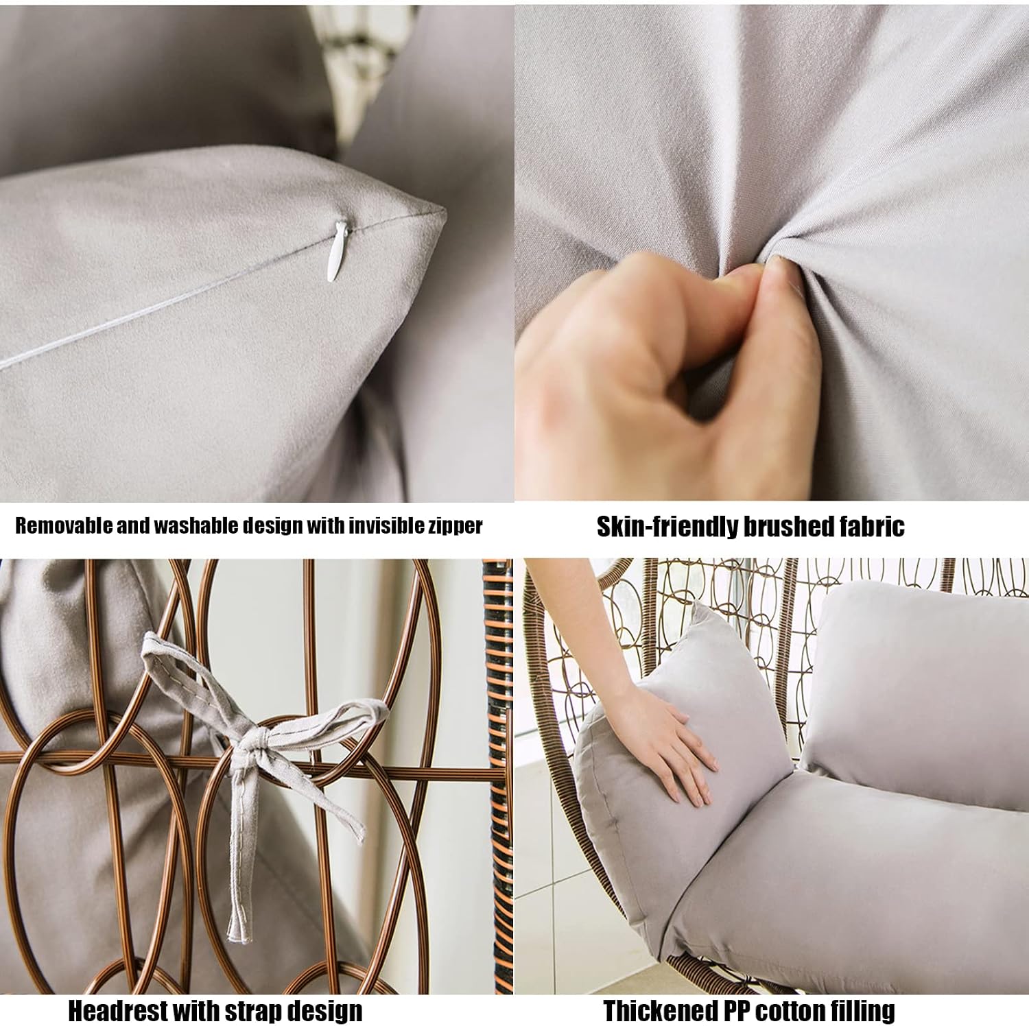 HUHJYUGE Egg Chair Cushion Replacement, Hanging Chair Cushion Only, Swing Cushion Outdoor, with Headrest, Zipper, Detachable, Skin-Friendly, Comfy, for Patio Garden