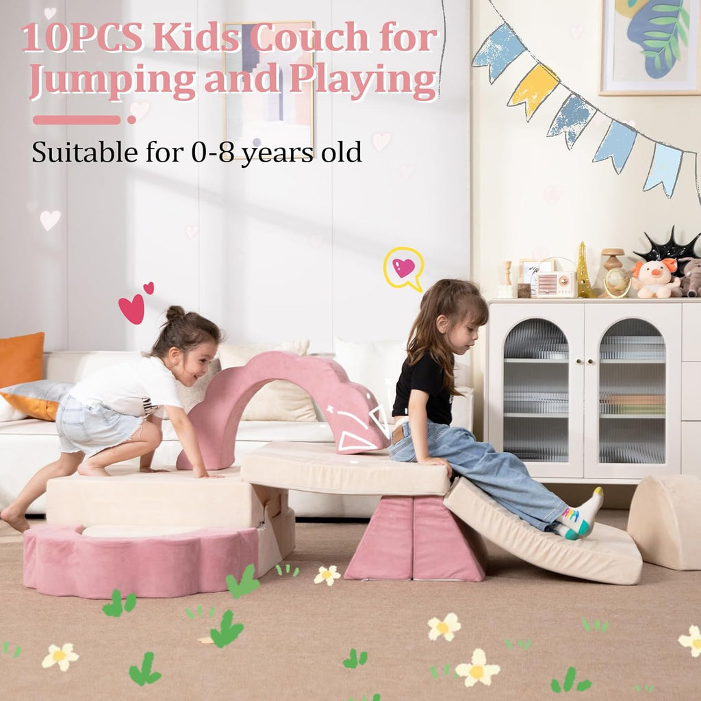 LOAOL Kids Couch 10PCS, Modular Kids Play Couch, Multifunctional Foam Toddler Sofa, Imaginative Convertible Play Sofa for Playroom(Large Size)