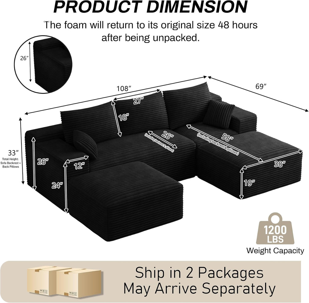 108' Oversized U-Shaped Sectional Couches for Living Room, Comfy Fluffy Corduroy Black Boneless Cloud Couch with 2 Ottomans, Plush Memory Foam Modular Sectional Sofa for Small Spaces