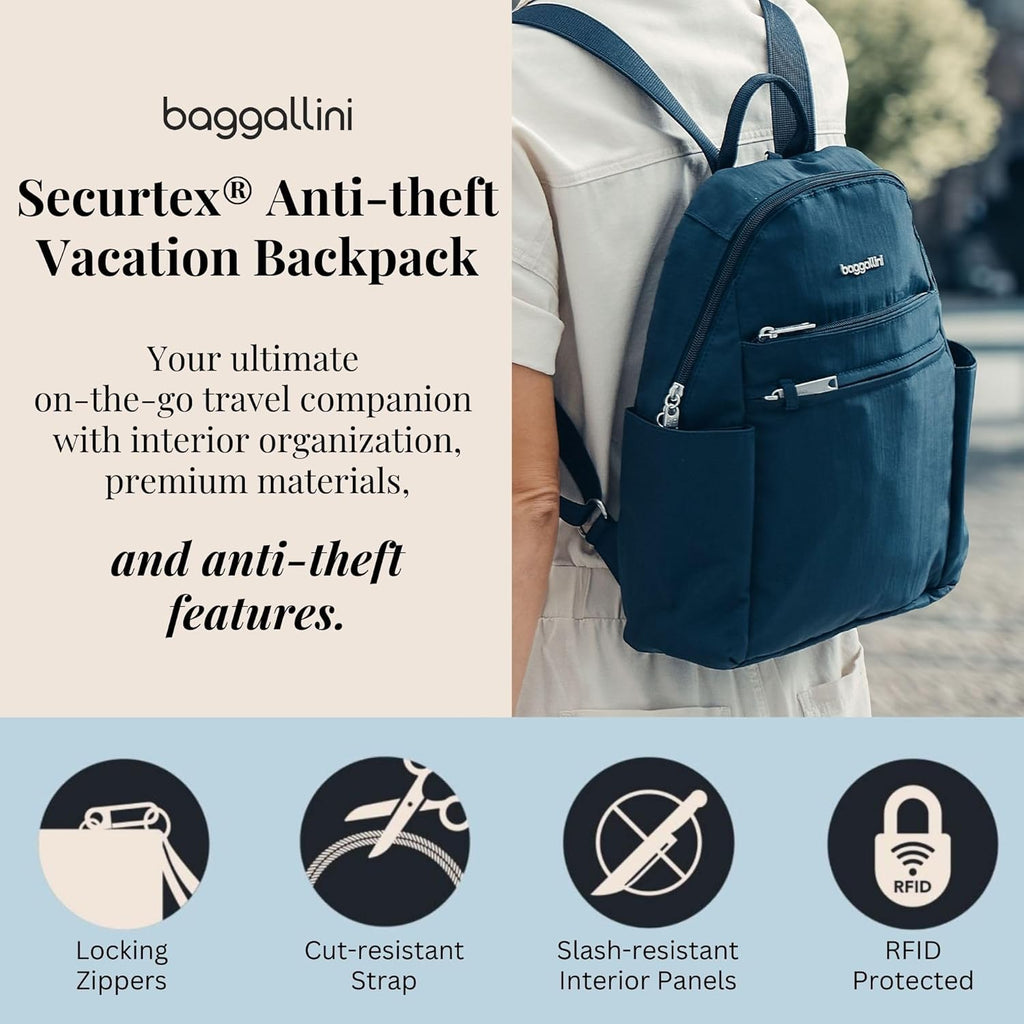 Baggallini Securtex® Anti-theft Vacation Travel Backpack 10x13 Slash-Resistant Nylon Daypack w/RFID
