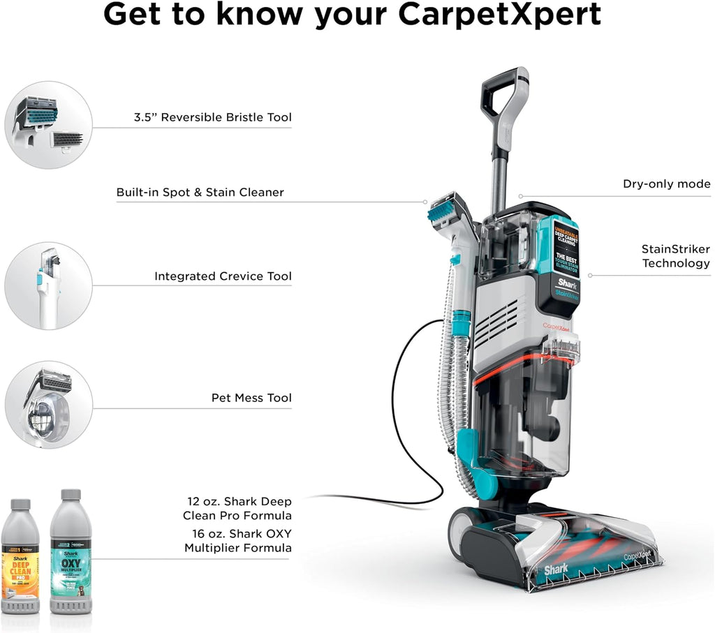 Shark CarpetXpert | Upright Carpet, Area Rug & Upholstery Cleaner | Carpet Shampooer with StainStriker Handheld Tough Stain Eliminator | Removes Tough Stains & Odors | 3 Cleaning Tools | White | EX201