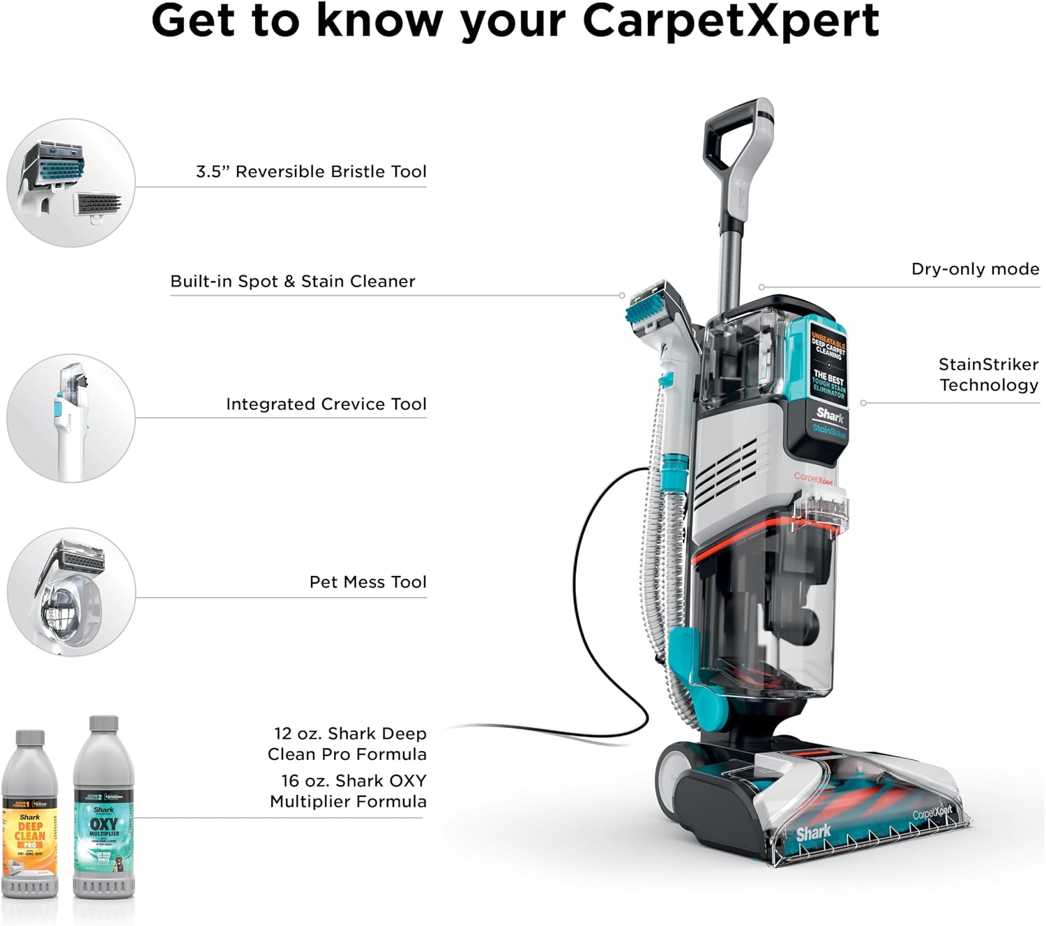 Shark CarpetXpert | Upright Carpet, Area Rug & Upholstery Cleaner | Carpet Shampooer with StainStriker Handheld Tough Stain Eliminator | Removes Tough Stains & Odors | 3 Cleaning Tools | White | EX201