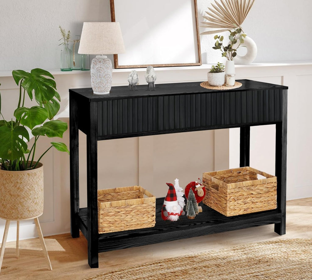 Fluted Console Table, Long Console Tables for Entryway 48' Vanity Desk, Black Boho Entry Table Narrow Modern Hallway Table Modern Sofa Table for Living Room