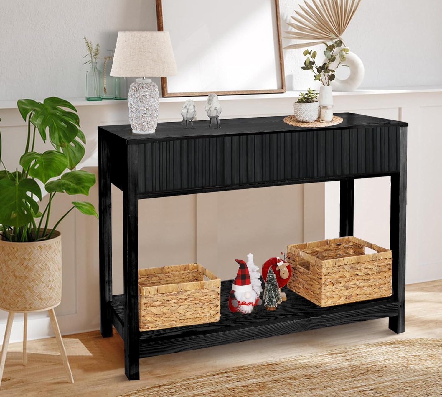 Fluted Console Table, Long Console Tables for Entryway 48' Vanity Desk, Black Boho Entry Table Narrow Modern Hallway Table Modern Sofa Table for Living Room