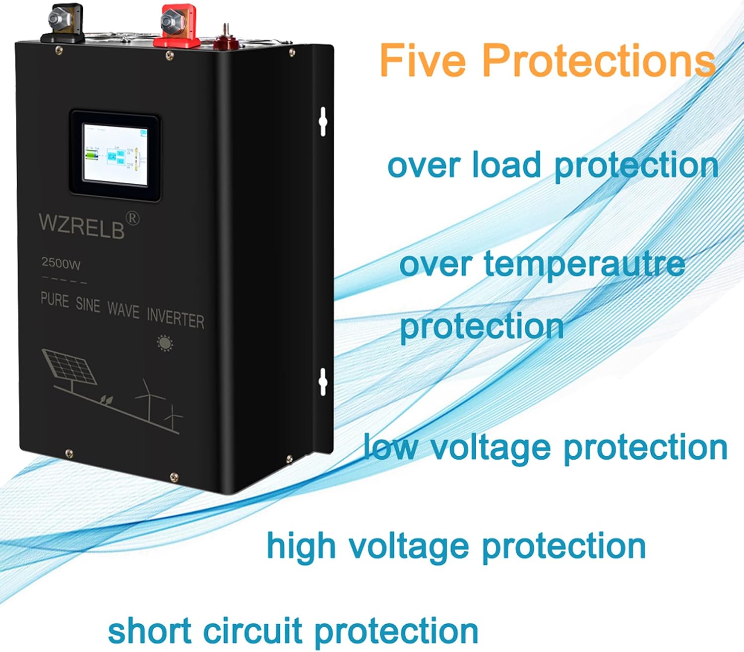 WZRELB 2500W 48V Pure Sine Wave Inverter,48 Volt DC to AC 120V 240V Split Phase Power Inverter,5KW Surge,5 AC Outlets, Hardwire Terminal,15ft LCD Remote Panel