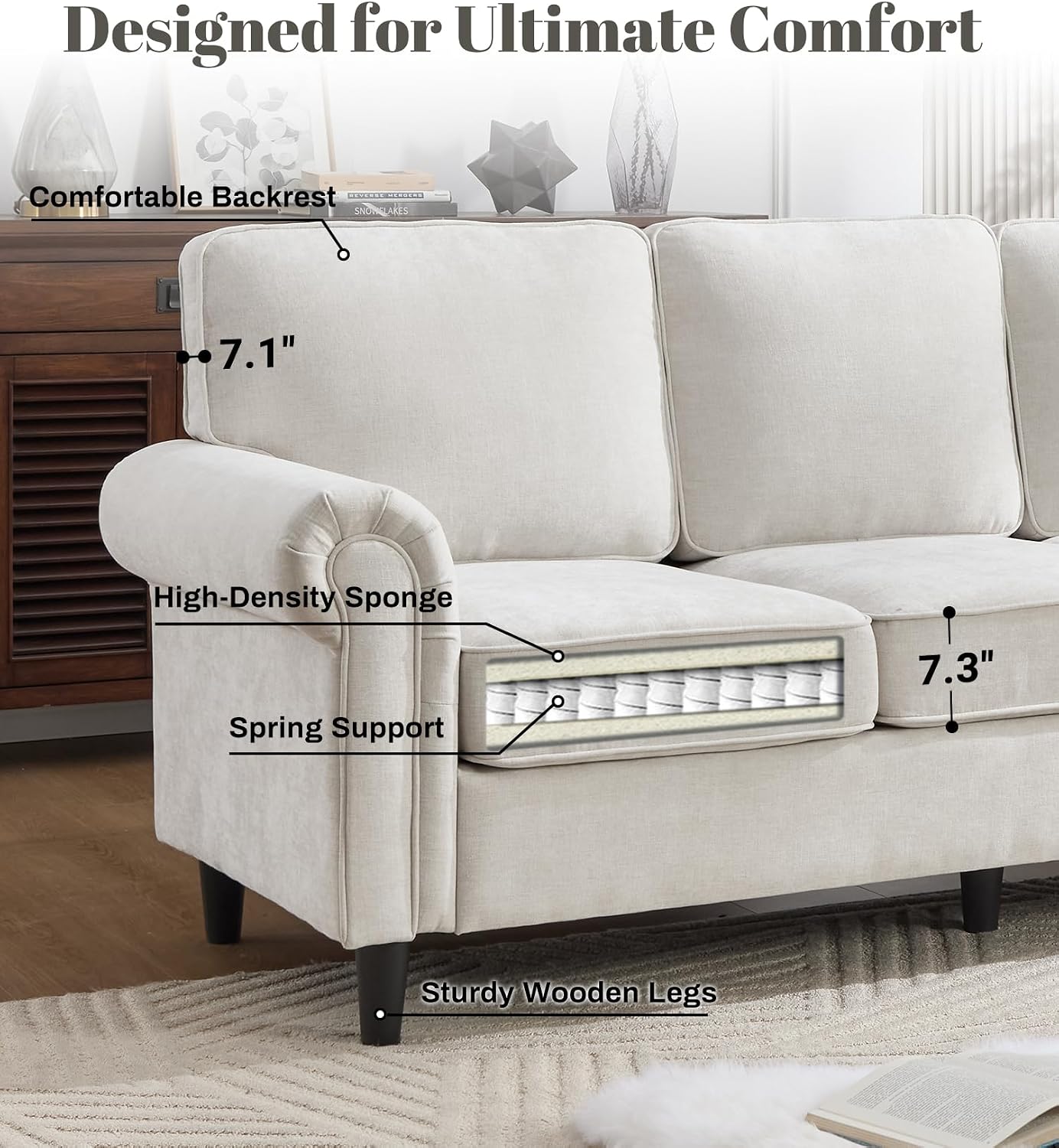 Kingfun 3 Seater Couch, Mid Century Modern Sofa with Rolled Arms and Deep Seats, Fluffy Comfort for Living Room, Apartment, Easy Assembly, Beige