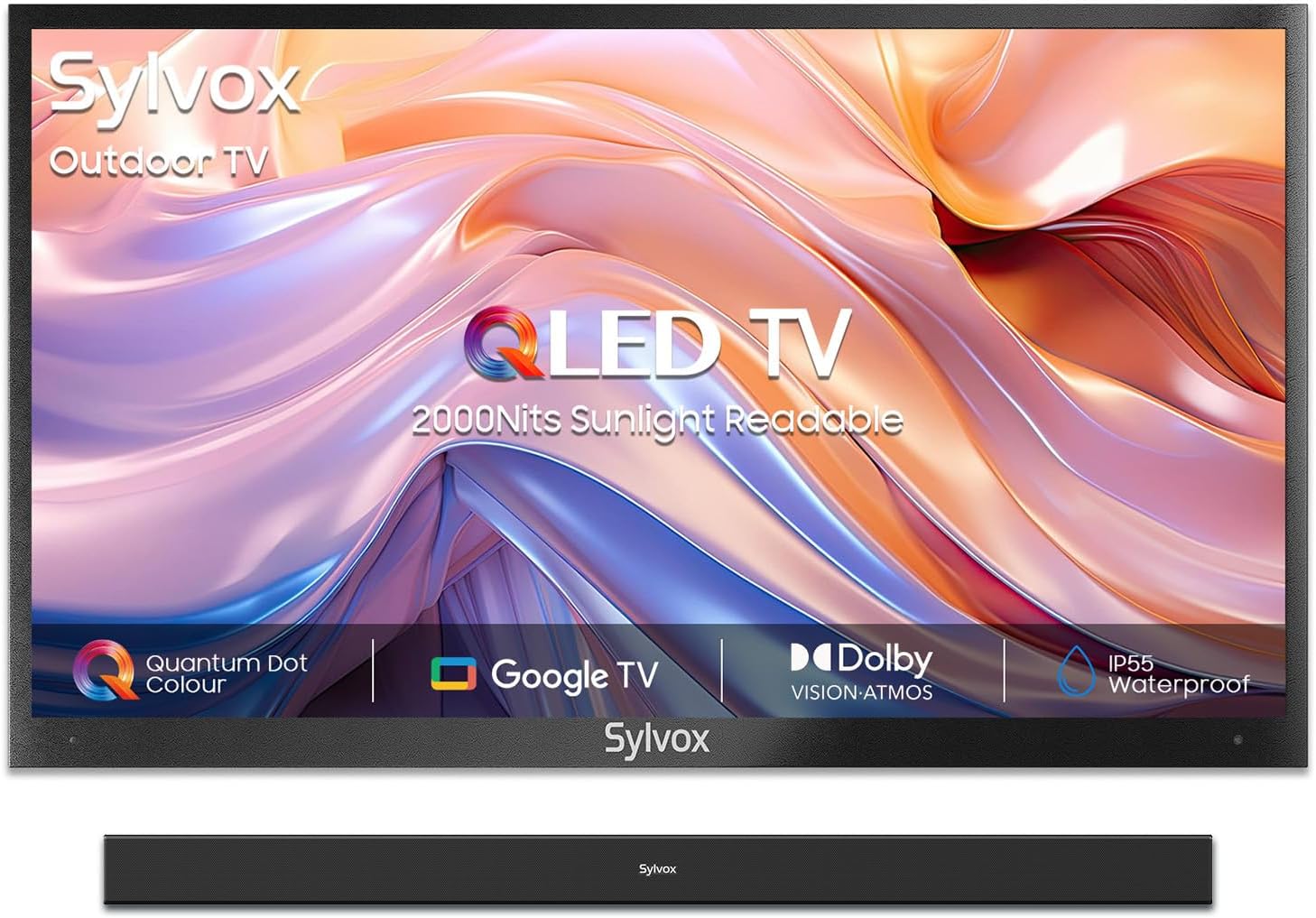 SYLVOX Outdoor TV with Soundbar & Cover, 65 inch Smart QLED TV, 2000 Nit Full Sun, Weatherproof, 4K UHD, IP56 Waterproof, Commercial Grade (2026 Model)