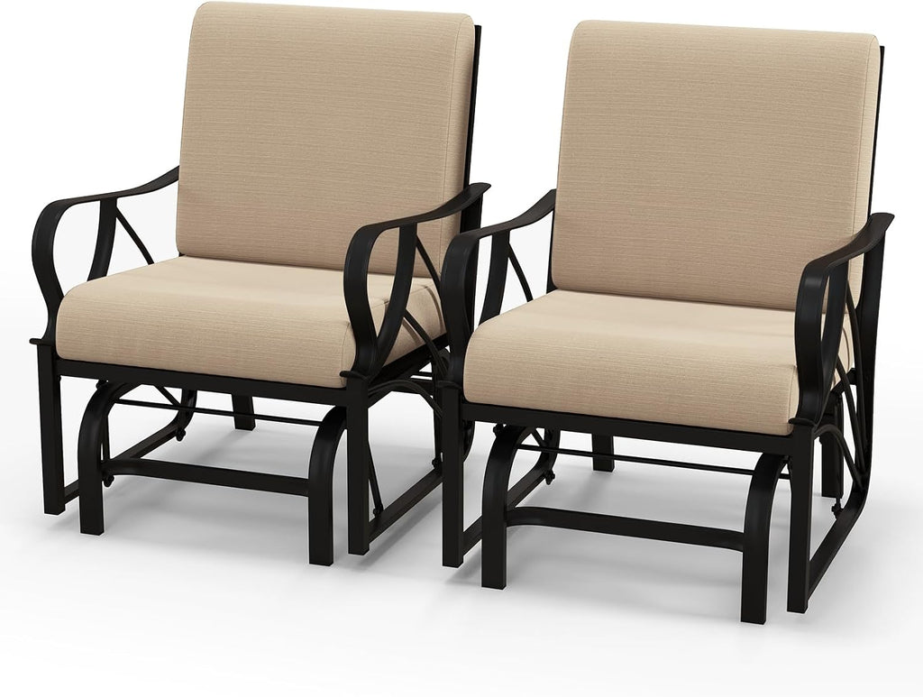 Tangkula Outdoor Patio Glider, Metal Framed Gliding Chair with Cushion, Ergonomic Single-Person Outdoor Patio Chair with Curved Armrest, Smooth Rocking Arms for Porch, Patio (2)