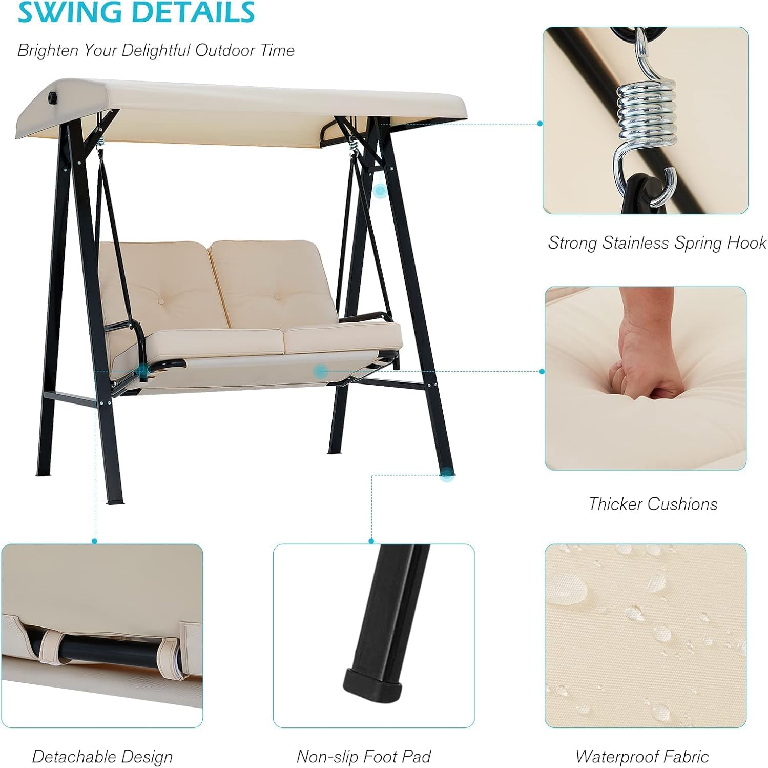 AECOJOY 2-Seat Outdoor Patio Swing Chair with Adjustable Canopy, Porch Swings Chairs for Adult, Outside Swing Bench with Removable Cushion, Suitable for Backyard, Garden, Yard, Poolside, Balcon,Beige