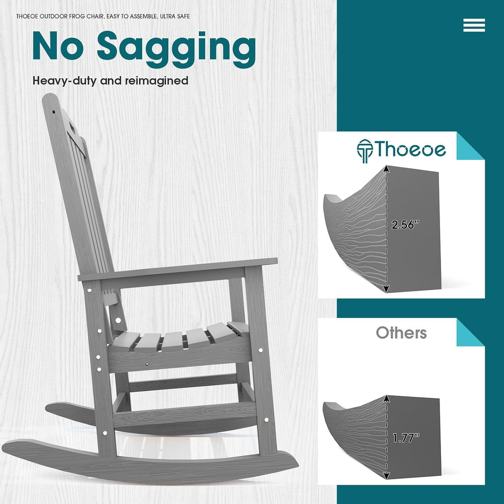 THOEOE Oversized Rocking Chair Set of 2, Outdoor Rocking Chair for Adults, All Weather Resistant Porch Rocker for Lawn Garden, Grey