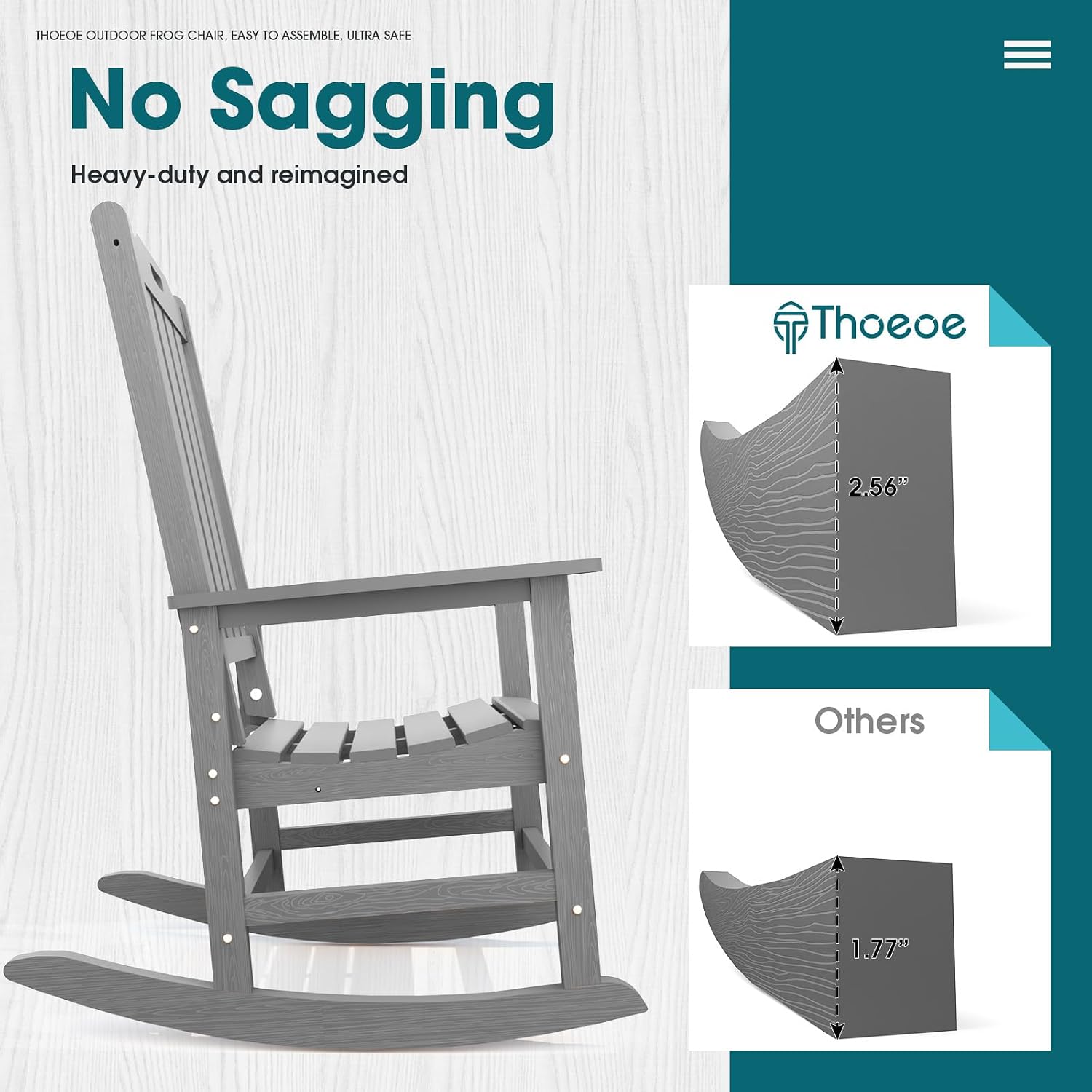 THOEOE Oversized Rocking Chair Set of 2, Outdoor Rocking Chair for Adults, All Weather Resistant Porch Rocker for Lawn Garden, Grey