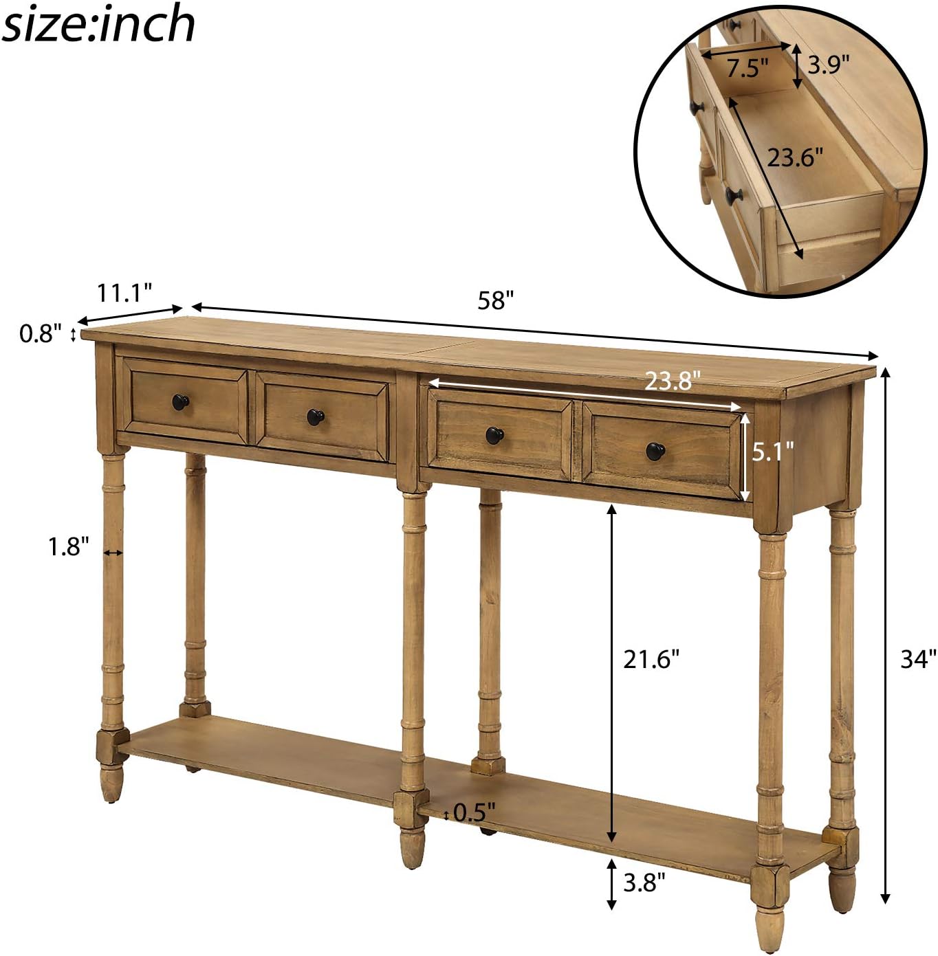 Merax Console Table Sofa Table with Two Storage Drawers and Bottom Shelf for Living Room, Entryway, Easy Assembly (Old Pine)