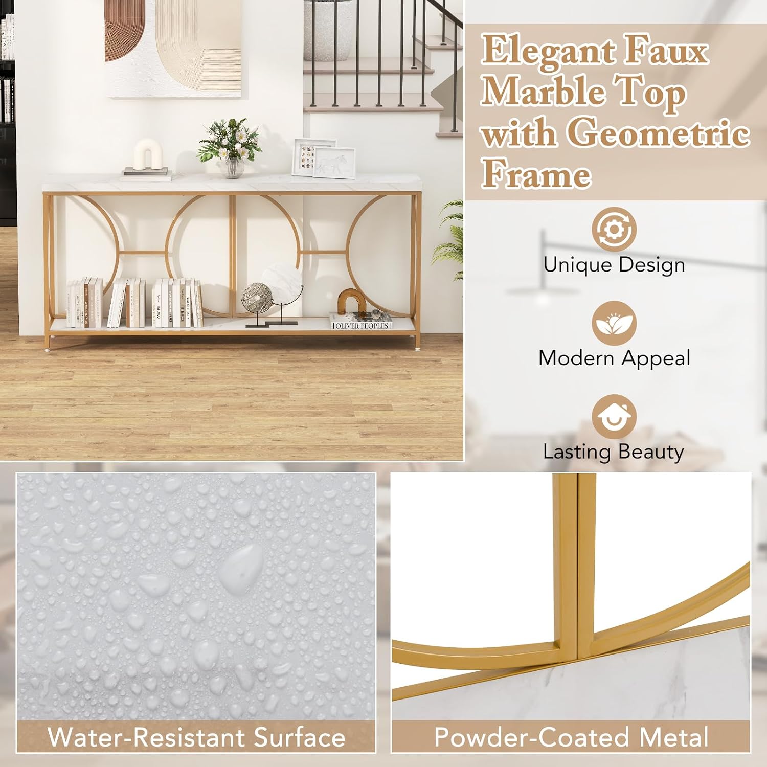 Giantex 71' Console Table, 2-Tier Extra-Long Gold Entryway Table w/Storage Shelf, Faux Marble Top, Narrow Sofa Table with Geometric Frame, Behind Couch Entry Table for Living Room, Hallway, Foyer