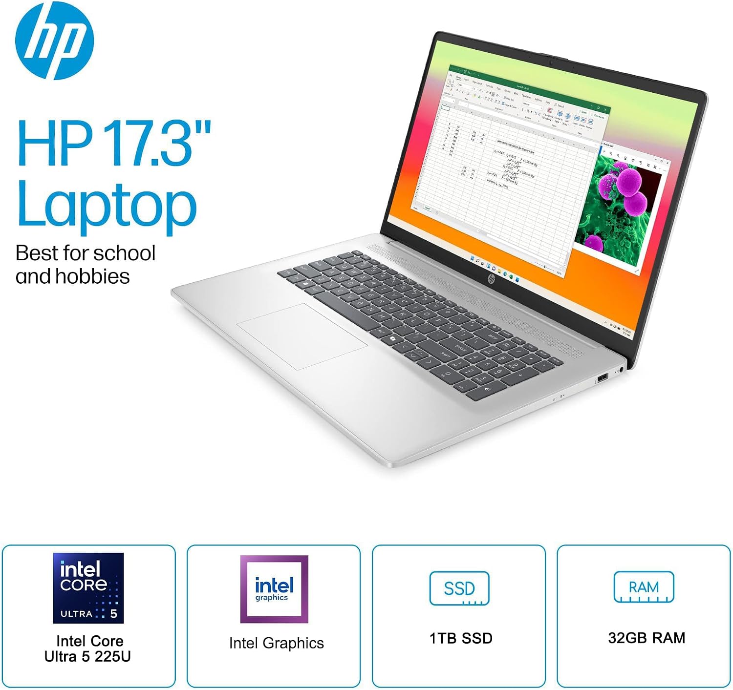 HP 17 Laptop AI PC (17.3' HD+ Touchscreen, Intel 12-Core Ultra 5 225U (> i7-1355U), 16GB DDR5 RAM, 512GB SSD) for Business, Home, Students, Backlit, Fingerprint, Webcam, Win 11 Home, Silver