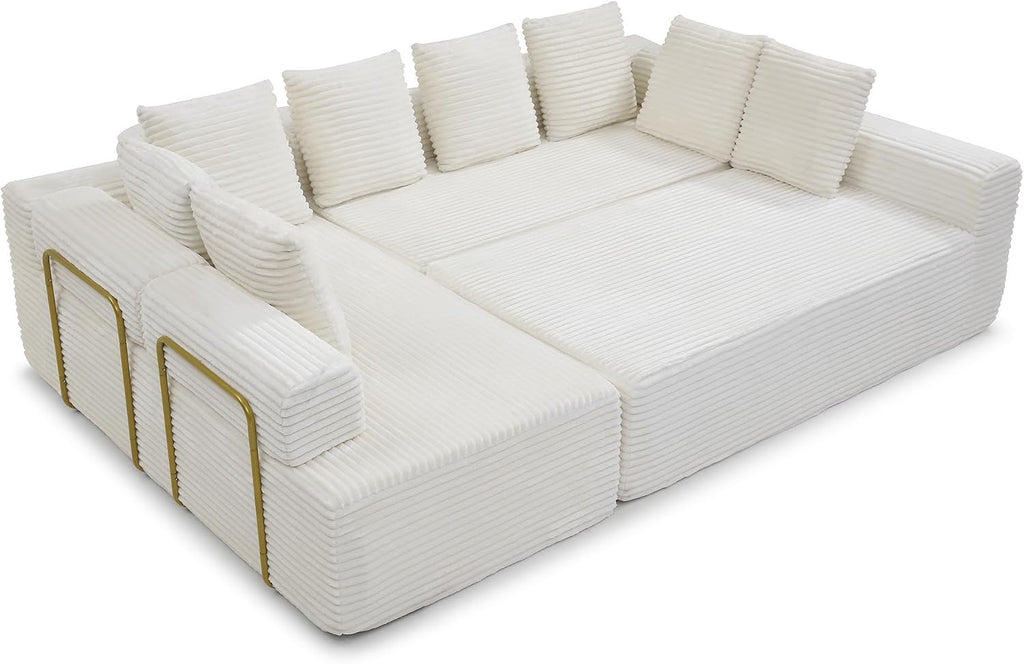 Oversized Cloud Boneless Couch with Chaise, 145' Modern U Shape Modular Deep Seat Sectional Sofa, Comfy Corduroy Upholstered Couches for Living Room, No Assembly Required, Beige White