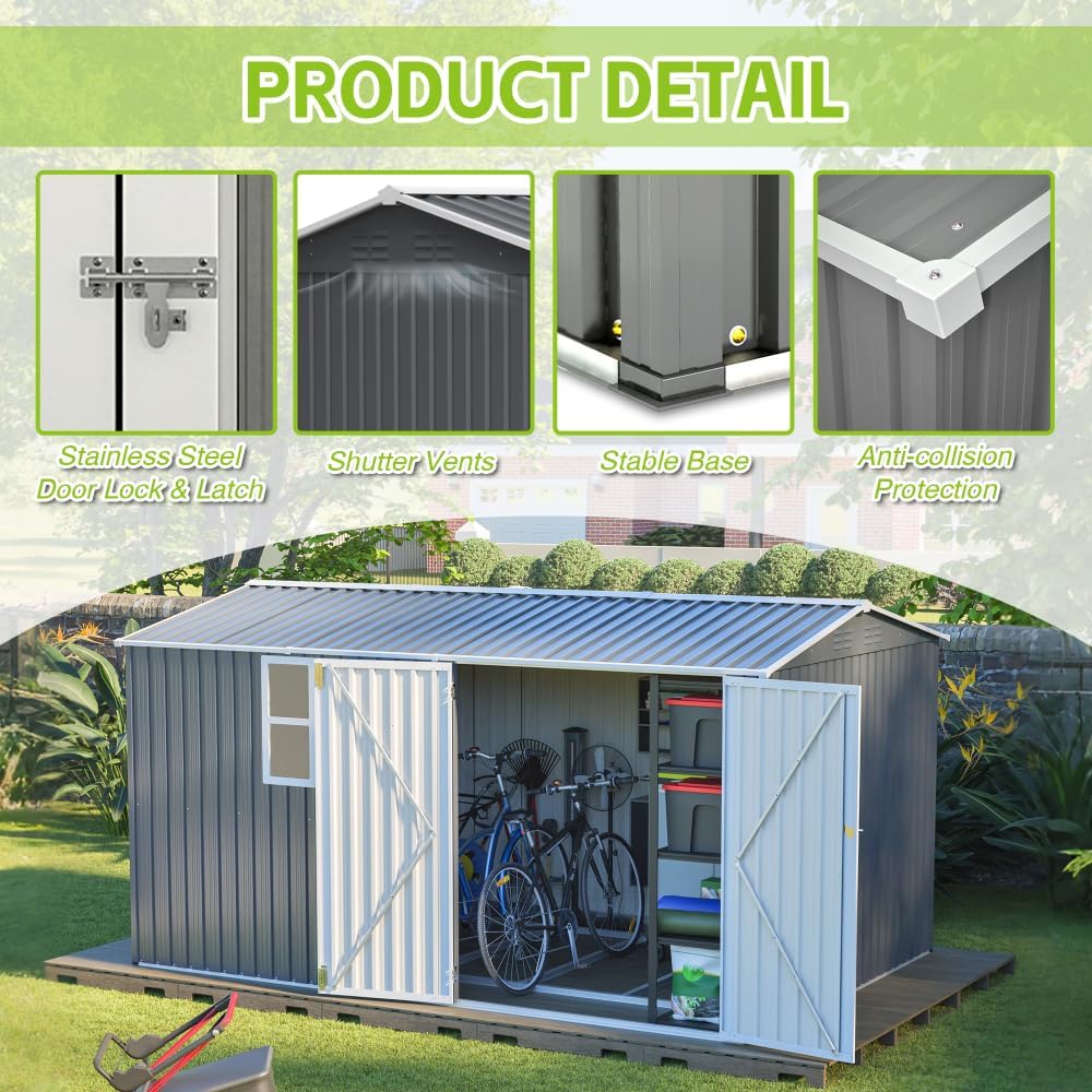 8x12 Ft Outdoor Storage Shed, XL Heavy-Duty Steel Building with Window, Hinged Gray Doors & 4 Air Vents, Reinforced for Backyard, Garden, Patio