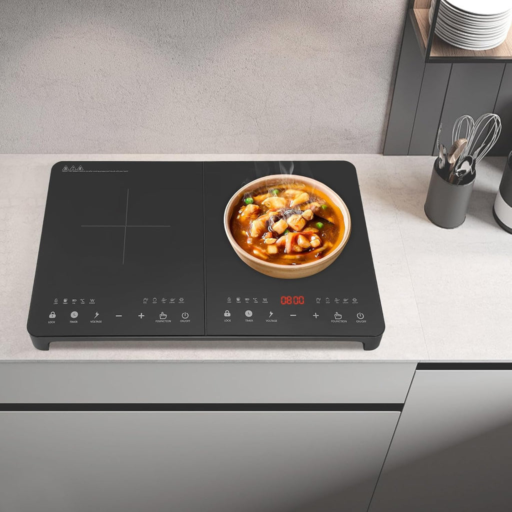 Double Induction Cooktop 110V 4000W Electric Burner 2 Burner Hot Plate LED Sensor Touch Induction Stove with Child Safety Lock Overload Protection, Adjustable Temperature and Timer Functions