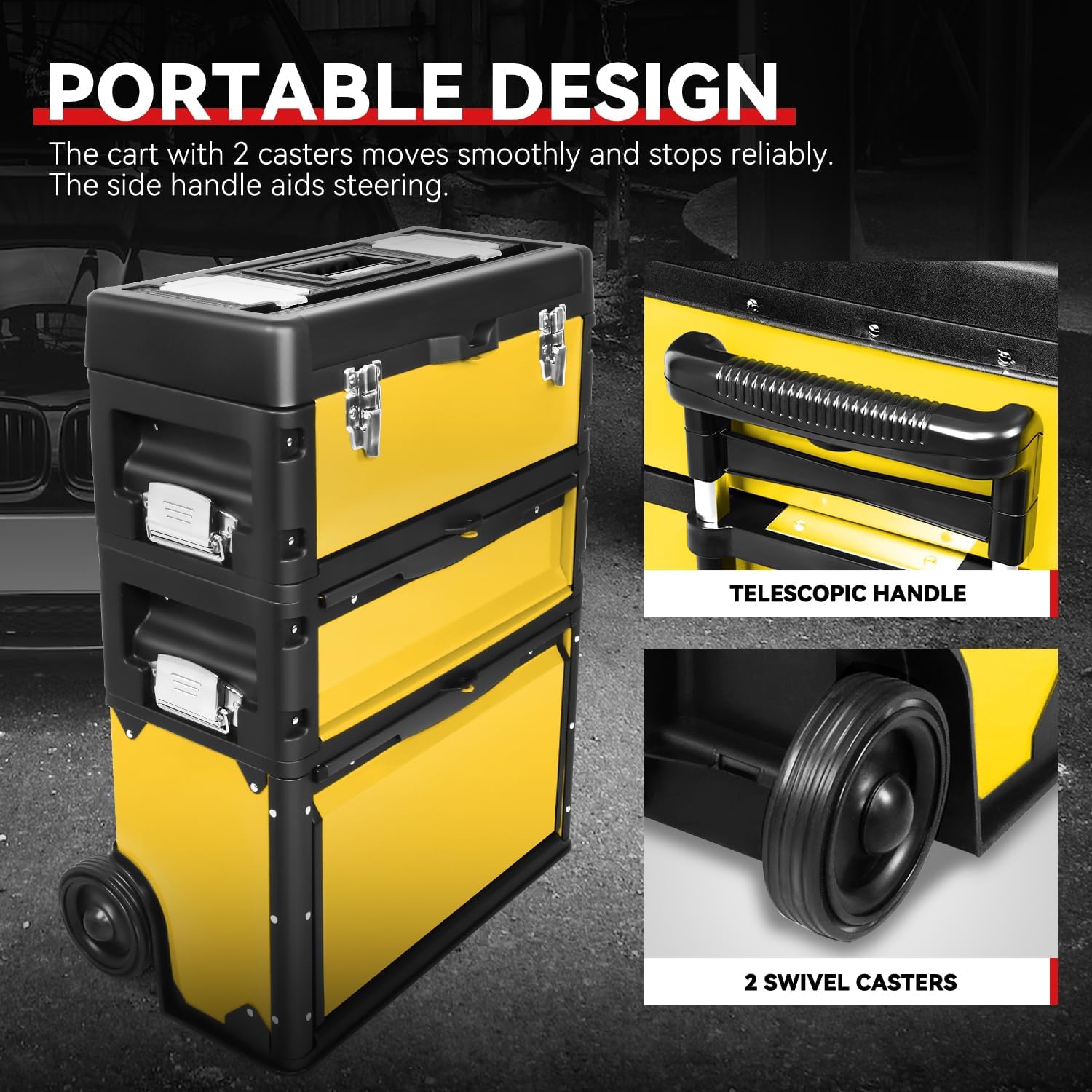 Auto Dynasty 3-Tier Stackable Tool Box, 19.5 Inch 3-in-1 Rolling Tool Box with Wheels, Portable Steel and Plastic Rolling Upright Trolley Toolbox Organizer for Garage Workshop, 3-Piece Set, Yellow