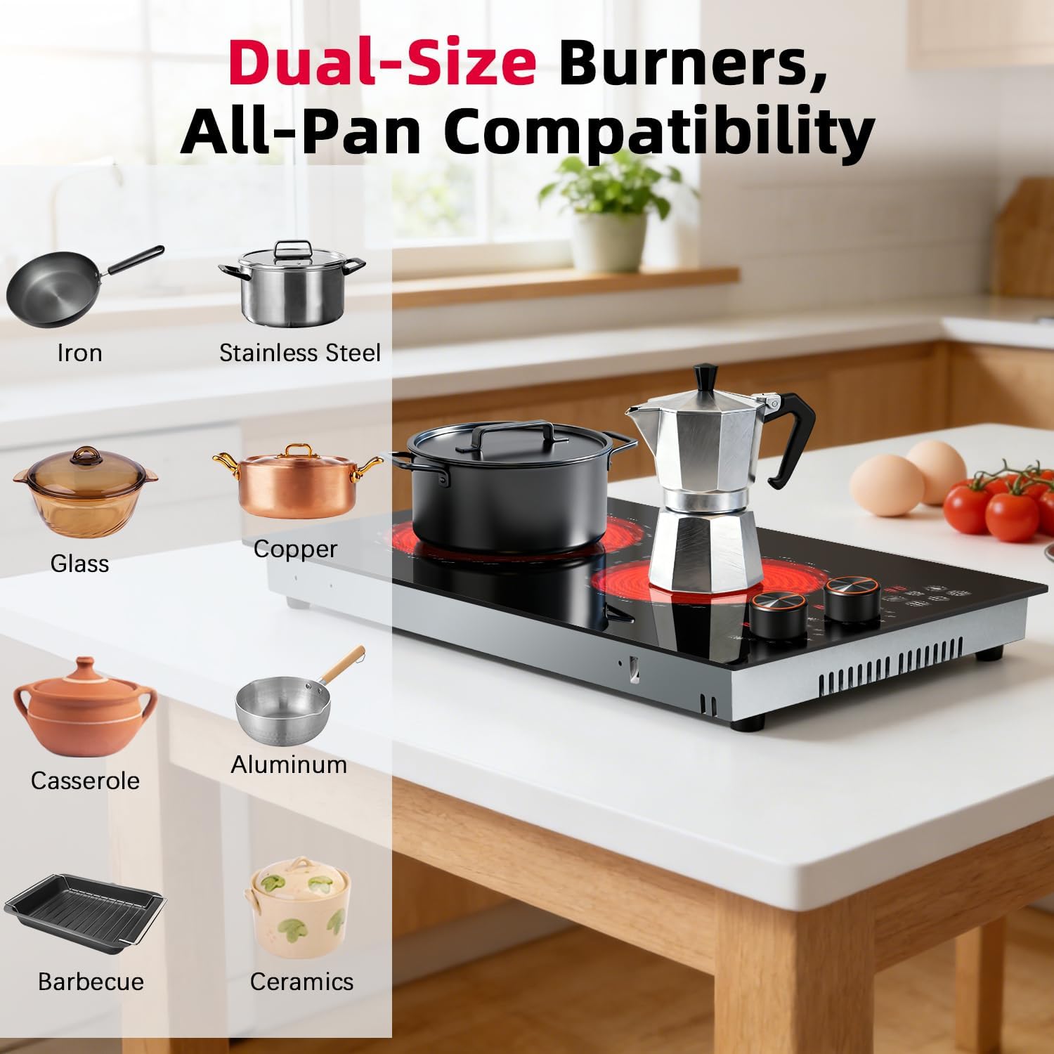 2 Burner Electric Cooktop 110v Hobsir, 2000W Electric Stove Top Burner 12 Inch, 9 Power Levels, Knob & Touch Control, Plug in Cooktop 120v, 99 Mins Timer, Safety Lock, Automatic shutdown