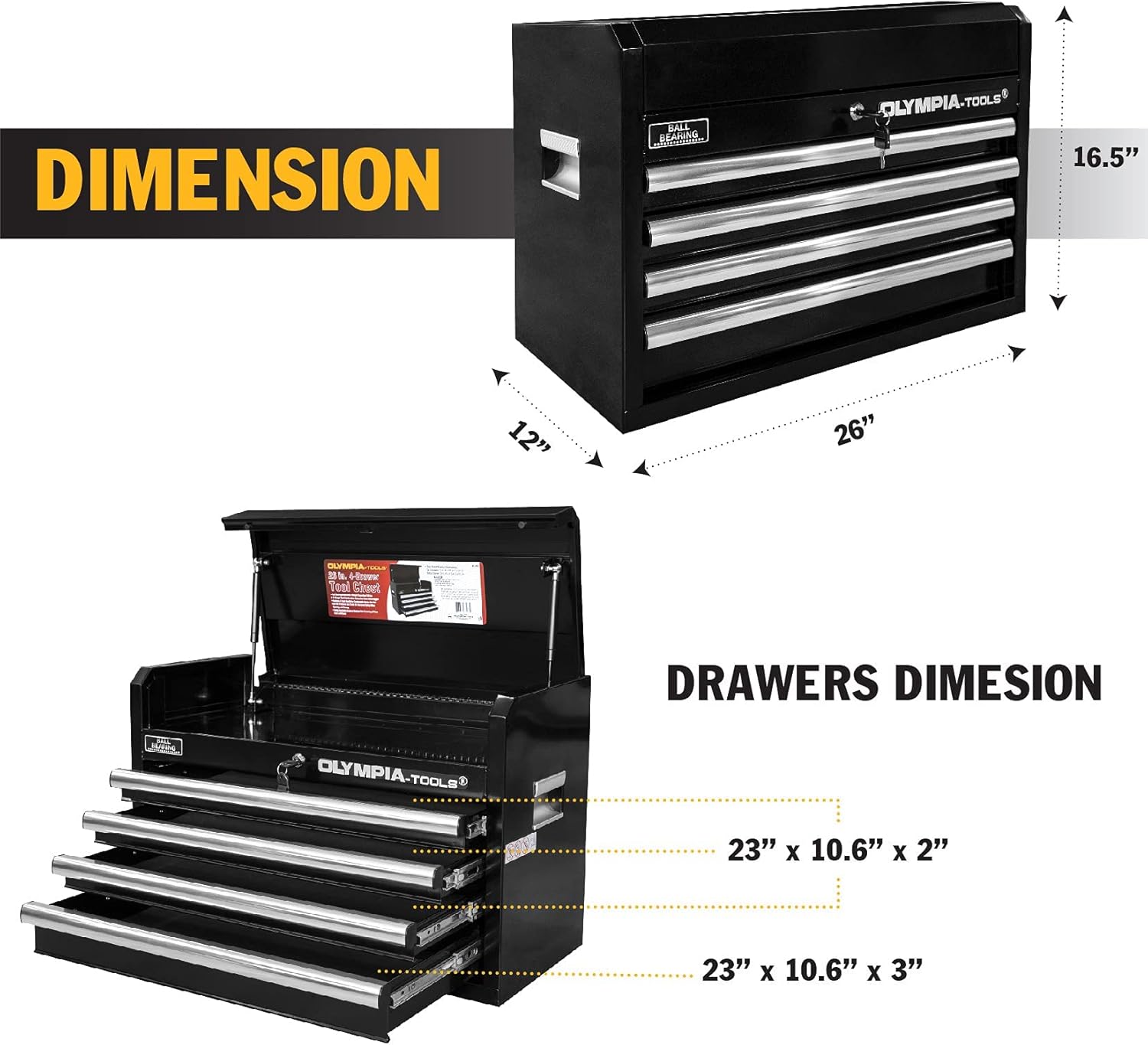 Olympia Tools 26-Inch 4-Drawer Portable Tool Chest, Metal Storage Organizer Box, Black - Work Toolbox for Home Garage and Workshop with Locking Lid and Ball Bearing Slides