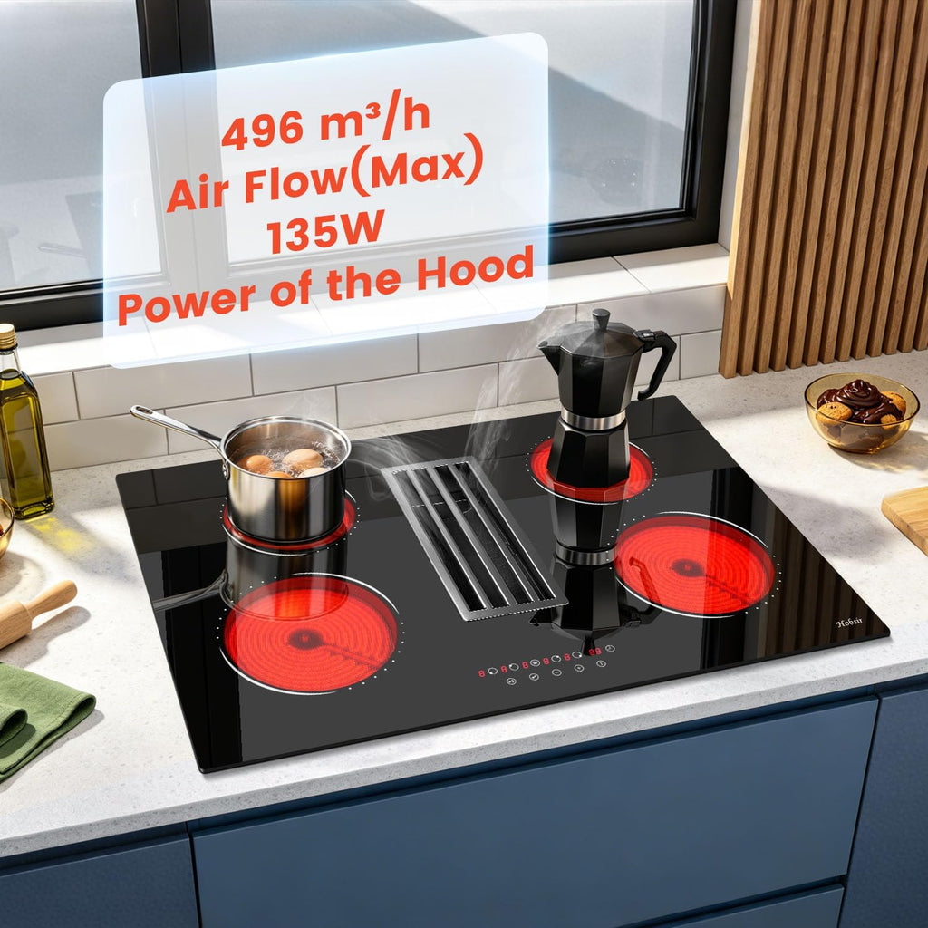 Hobsir Electric Cooktop 30 Inch with Downdraft, 4 Burner Radiant Cook top 6000W, Ductless Downdraft Electric Cooktop 496m³/h, 30' Stove Top with 9 Power Level, Timer, Safety Lock, 220V