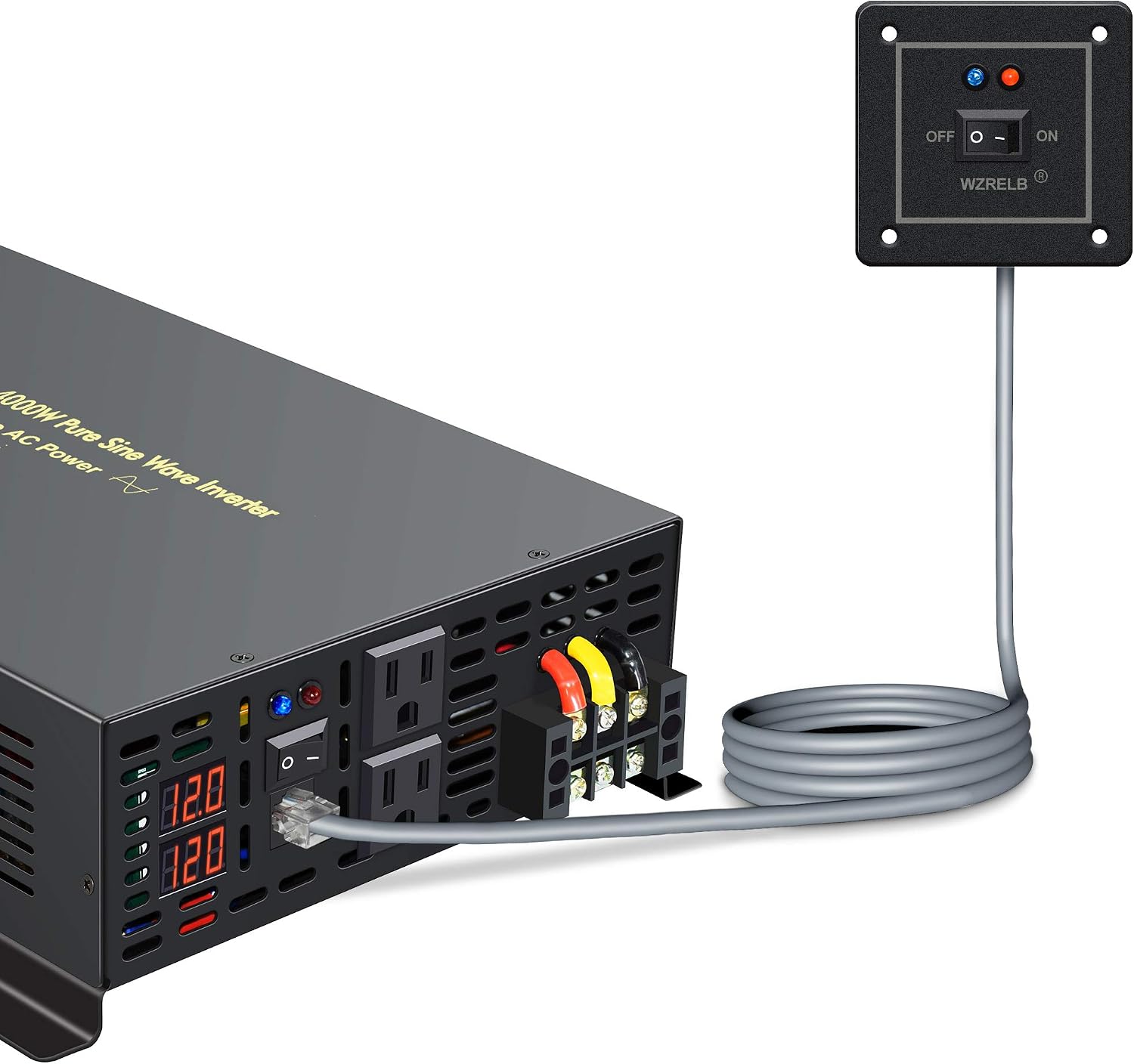 WZRELB 4000W 12VDC 120VAC Pure Sine Wave Power Inverter, 2 AC Outlets, Wired Remote Control, RV (RBP-400012WR)