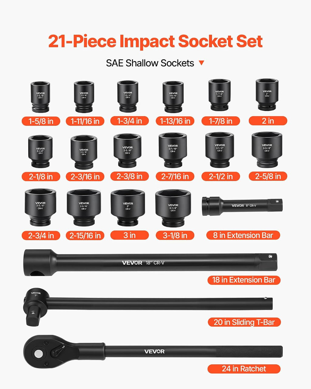 VEVOR 1 in Drive Impact Socket Set, 21 Piece, 6 Point Shallow Impact Sockets, SAE (1-5/8 in to 3-1/8 in), with 8 in & 18 in Extension Bars, 24 in Ratchet, Cr-V Steel, Size Marking, and Carrying Case