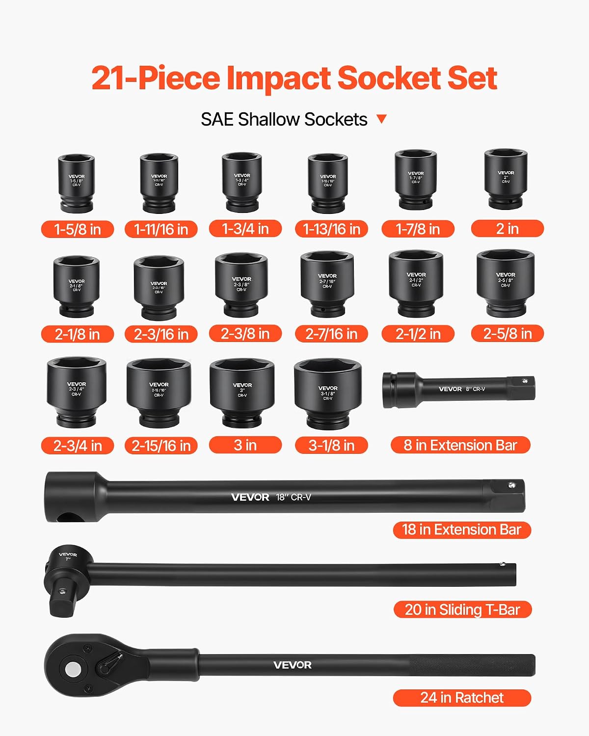 VEVOR 1 in Drive Impact Socket Set, 21 Piece, 6 Point Shallow Impact Sockets, SAE (1-5/8 in to 3-1/8 in), with 8 in & 18 in Extension Bars, 24 in Ratchet, Cr-V Steel, Size Marking, and Carrying Case