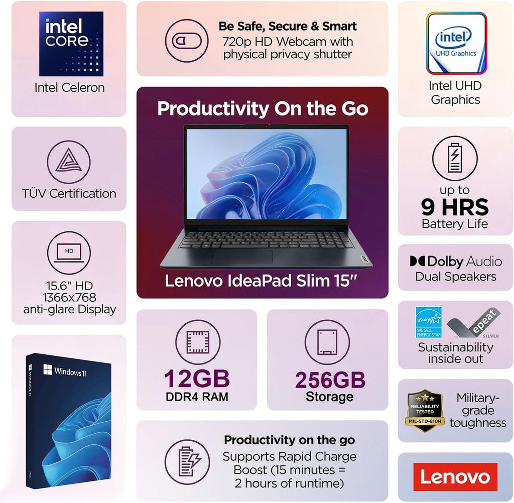 IdeaPad Slim • 15.6' Business Laptop with Microsoft 365 Included • 12GB DDR4RAM • 1.2TB Storage (256GB SSD + 1TB OneDrive) • Intel 4 Core • Privacy Shutter • Dolby Audio • Copilot AI • Windows 11