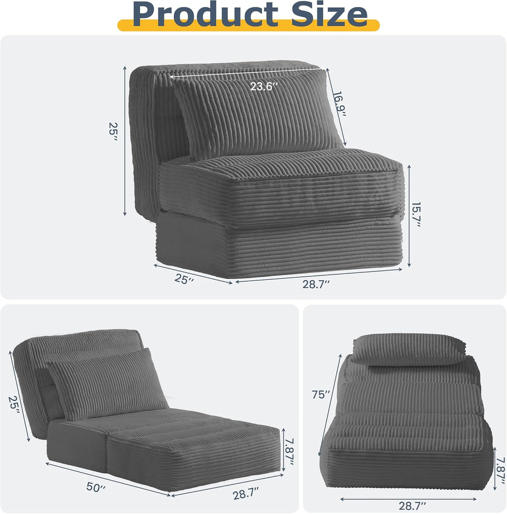 Single Convertible Sofa Bed with Fixed Frame & Thickened Cushion, Boneless Couch Folding Chair Bed with 5-Position Adjustable Backrest, Pull-Out Futon with Pillow for Small Spaces, Apartment,Grey