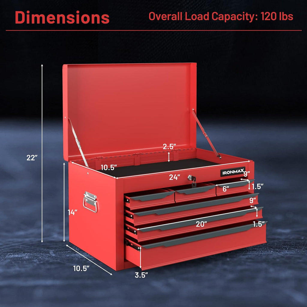 Goplus Tool Box, 24' Steel Tool Chest w/6 Drawers, Top Tool Tray,Automatic Lock, Protective Liners, Handle, Smooth Ball Bearing Sides, Portable Tool Storage Organizer, Toolbox for Garage Workshop