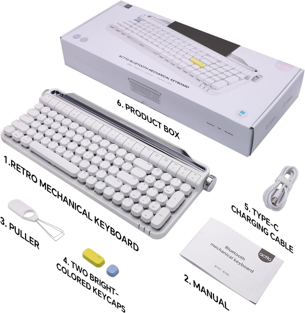 Retro Typewriter Mechanical Keyboard with Tablet Stand, 100 Keys LED Backlit, ABS+PBT Keycaps, Wired/Bluetooth, Blue Switch, Compatible with Windows/Mac/iOS/Android (White)