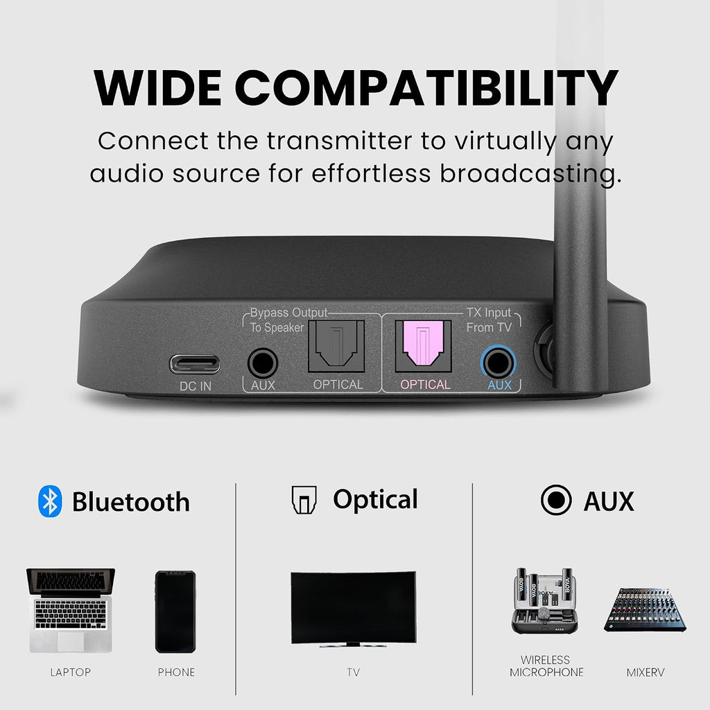 Avantree Quartet 2 - Wireless Group Listening Headphones & Transmitter for TV, Church, Classroom, Silent Discos, Plug & Play, 2.4GHz Expandable Multi-Headphone System with Low Latency & Clear Voice