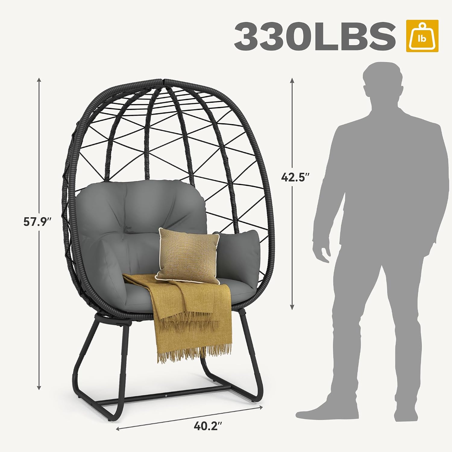 DWVO Egg Basket Chair Patio Chair with Stand Anti-Slip All-Weather Poratble Wicker Egg Lounger Chair for Indoor Outdoor 330LBS (Gray)